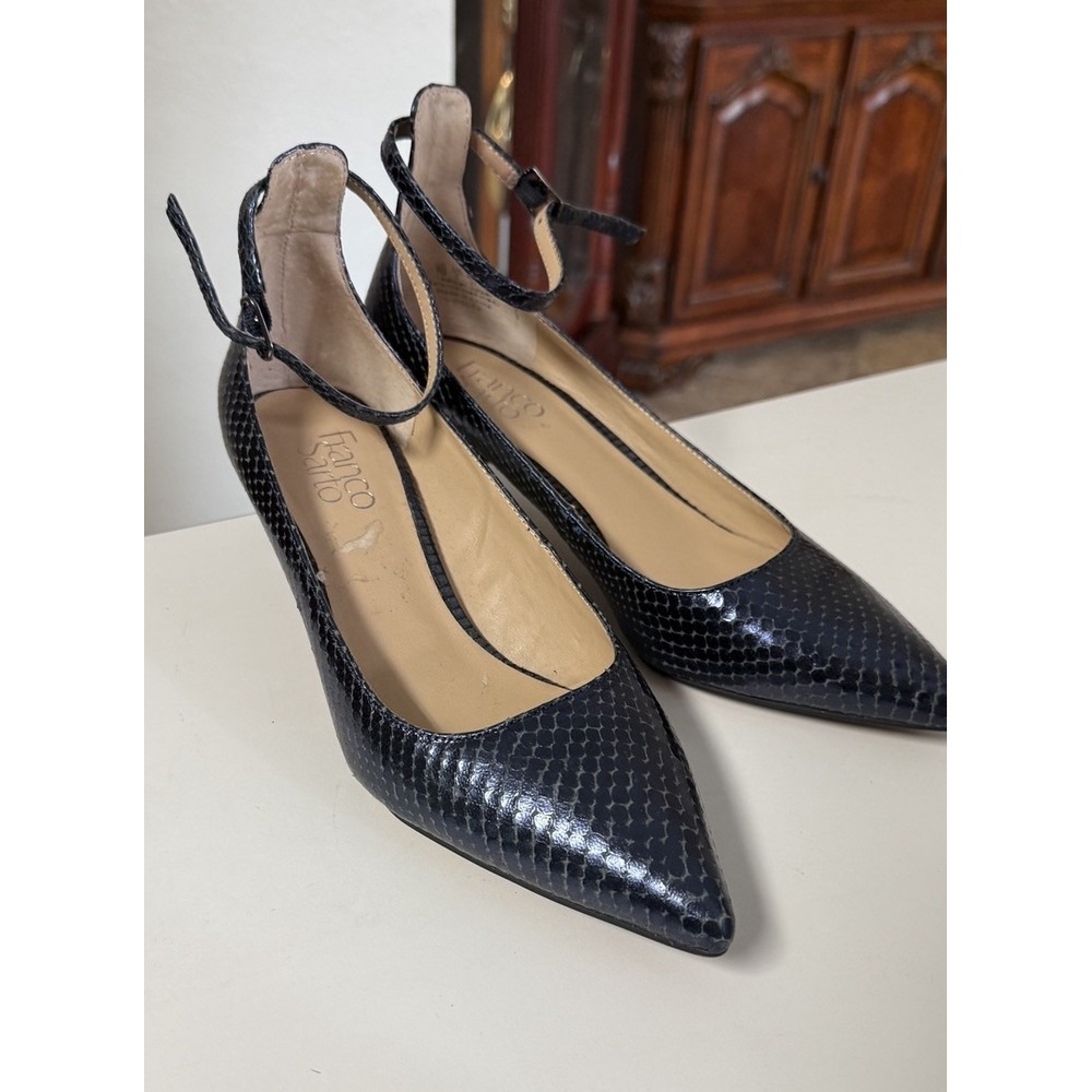 Franco Sarto L-Dolce Navy Snake Embossed Leather Kitten Heels Ankle Strap 7M